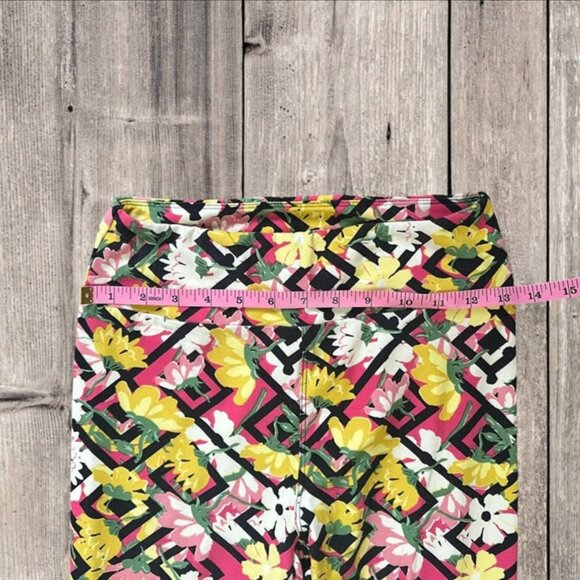 LuLaRoe Leggings Women OS Black White Pink Yellow Floral Poppies Trellis Lattice - Picture 9 of 10